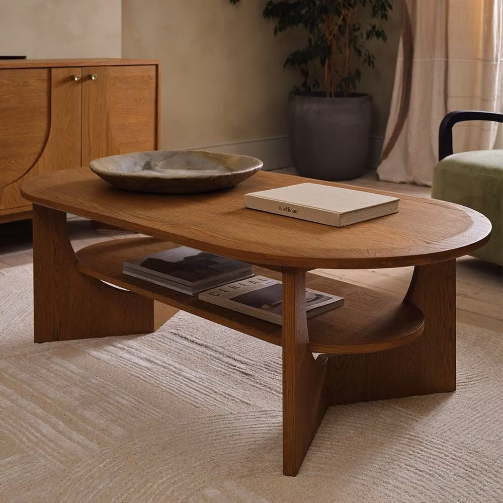 Atkin and Thyme Umi Modern Oval Oak Coffee Table in Brown, W/D/H: 140 x 70 x 45 cm
