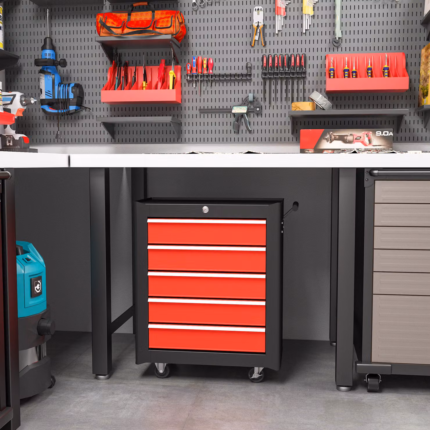HOMCOM 5-Drawer Steel Tool Chest with Wheels and Lockable Storage Cabinet in Red – 2