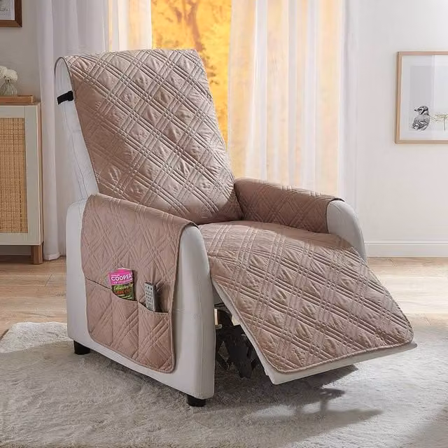 Coopers of Stortford Quilted Microfibre Recliner Cover with Side Pockets and Straps in Beige
