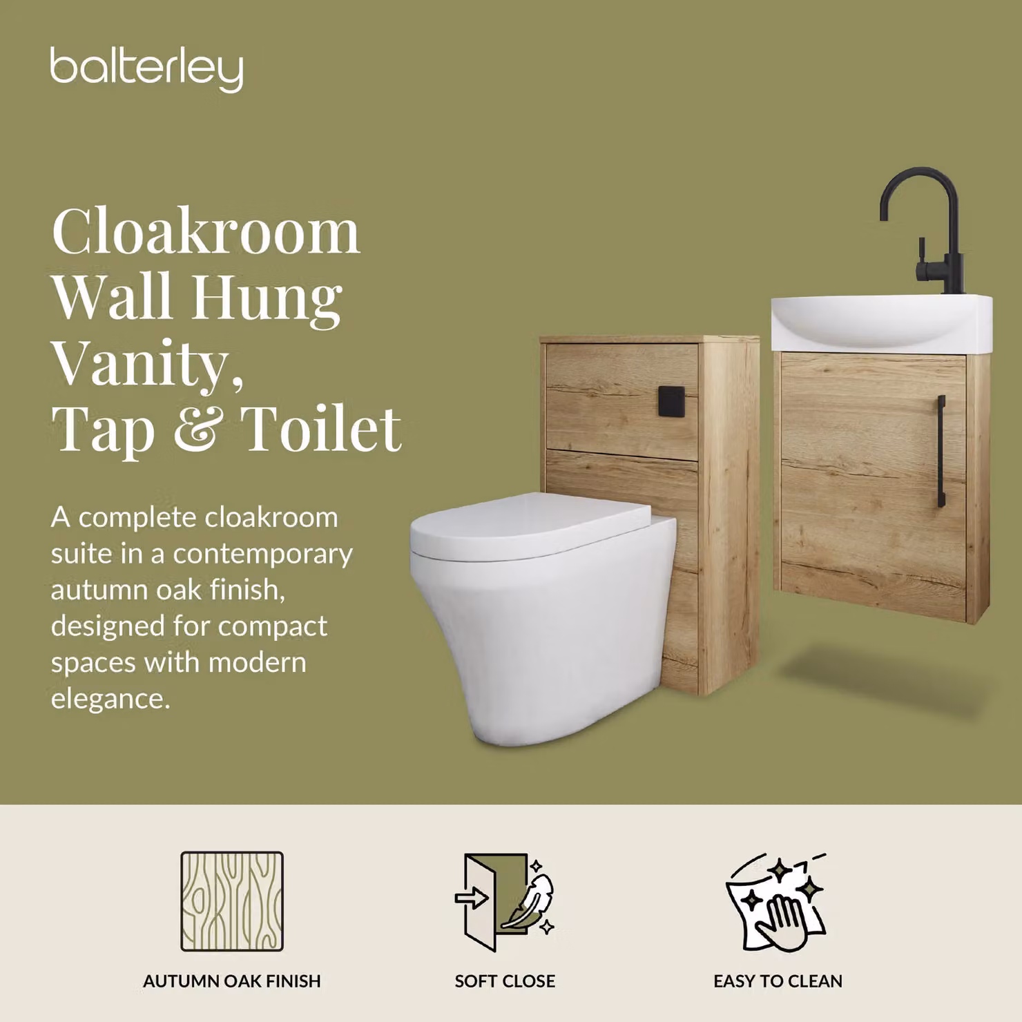 Balterley Modern Left Hand Cloakroom Suite with Vanity, WC, Toilet and Tap Set in Oak, Black and Grey, 440mm – 2