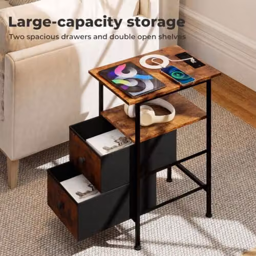 Levede Industrial Slim Bedside Table with Charging Station and 2 Drawers in Brown and Black – 7