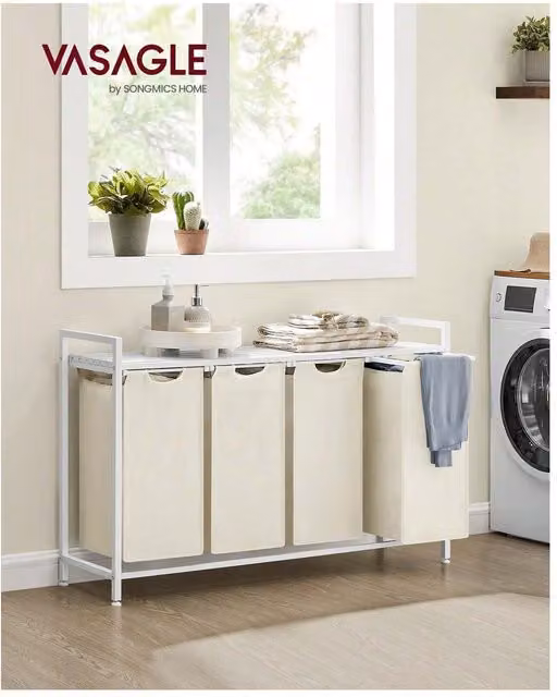 VASAGLE 4-Compartment Laundry Hamper with Shelf and Removable Bags, White