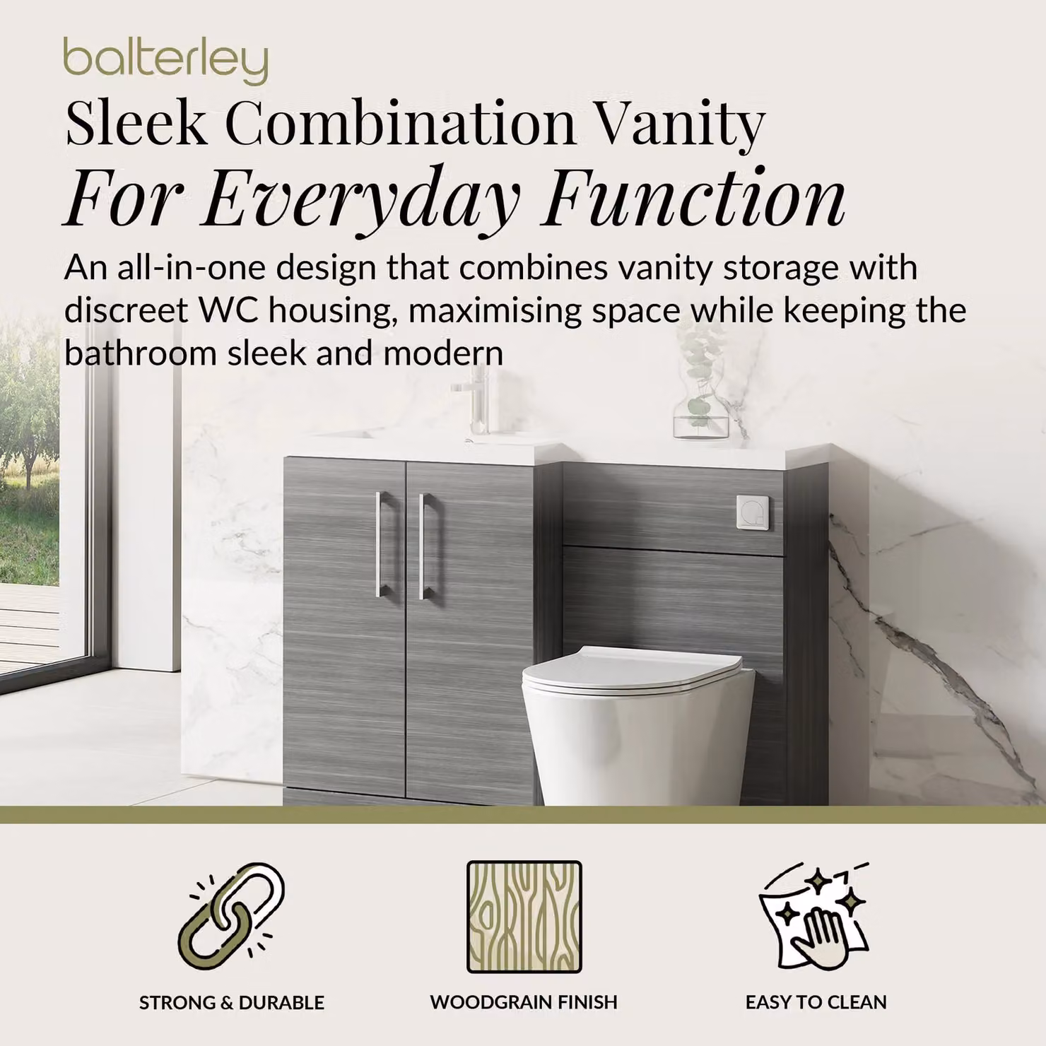 Balterley Anthracite Grey Left Hand Bathroom Vanity Basin and WC Unit with Soft Close Doors, W: 110 cm, D: 39 cm – 2