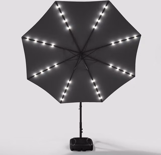 Lifeideas Solar LED Cantilever Garden Parasol with Wheeled Base in Dark Grey