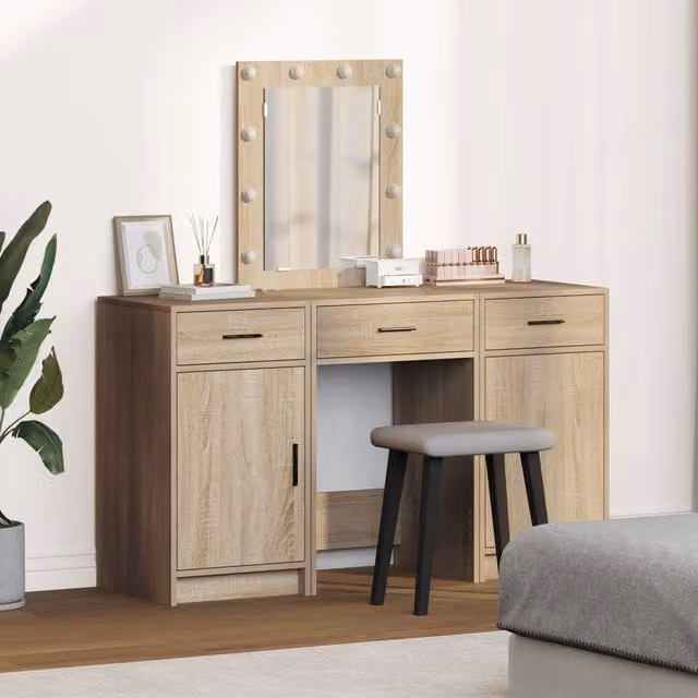 Berkfield Home 3 Piece Hollywood LED Dressing Table Set in Sonoma Oak Brown