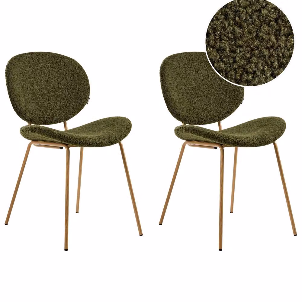 Wyld and Coco Set of 2 Dark Green Boucle Dining Chairs with Metal Legs – 2