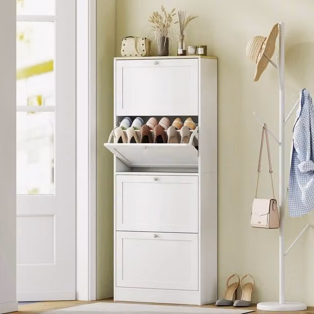 HOMCOM Narrow White Shoe Cabinet with 4 Tilting Compartments for 24 Pairs of Shoes – 1