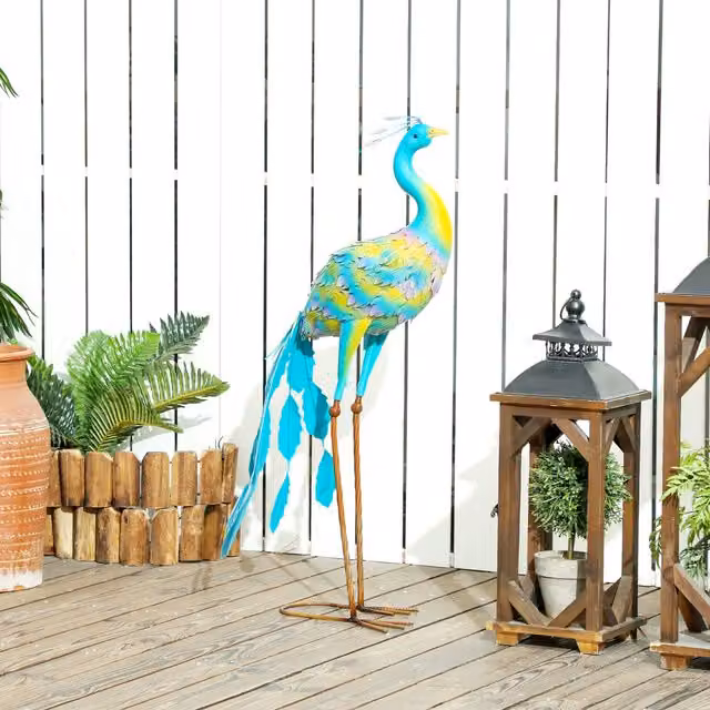 Outsunny Blue Metal Peacock Freestanding Garden Statue
