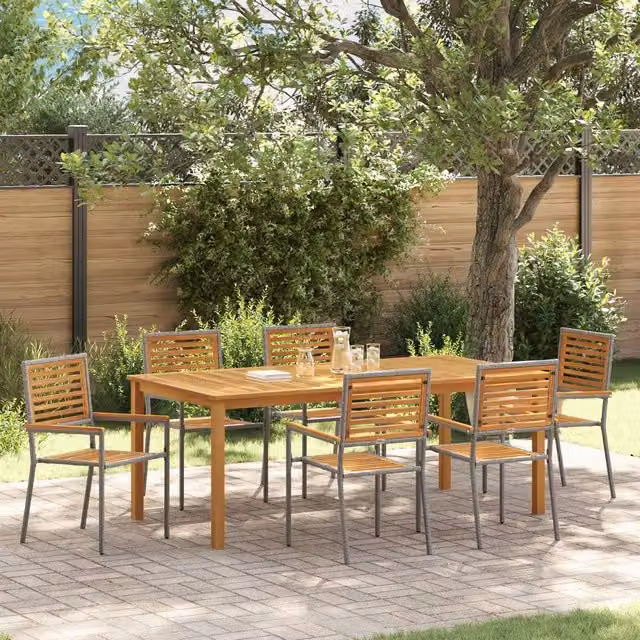 Berkfield Home 7 Piece Grey Poly Rattan and Acacia Wood Garden Dining Set – 1