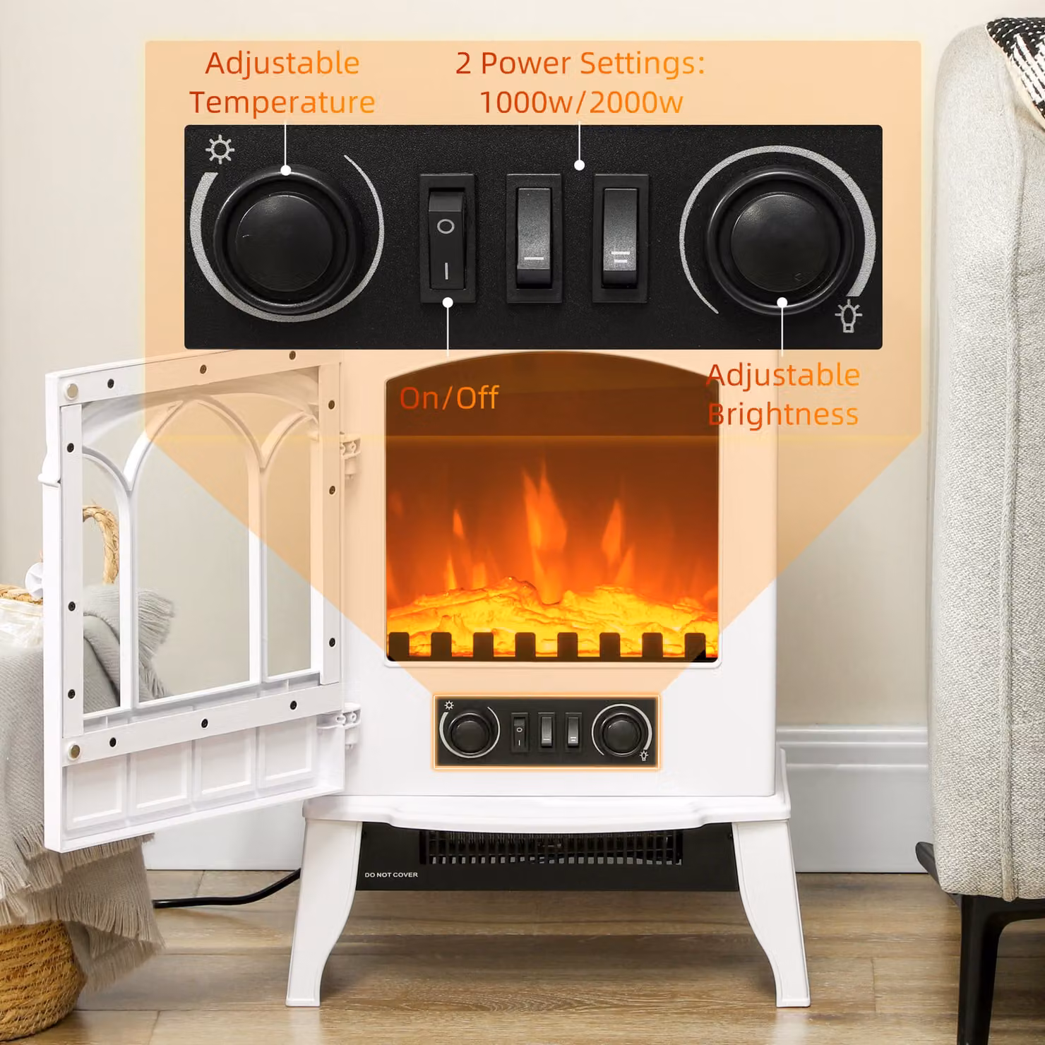 HOMCOM Freestanding Electric Fireplace and Stove Heater with LED Flame Effect in White – 4
