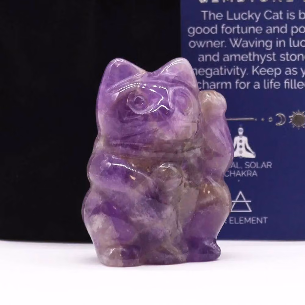 KDMD Amethyst and Purple Obsidian Lucky Cat Stone Figurine – 2