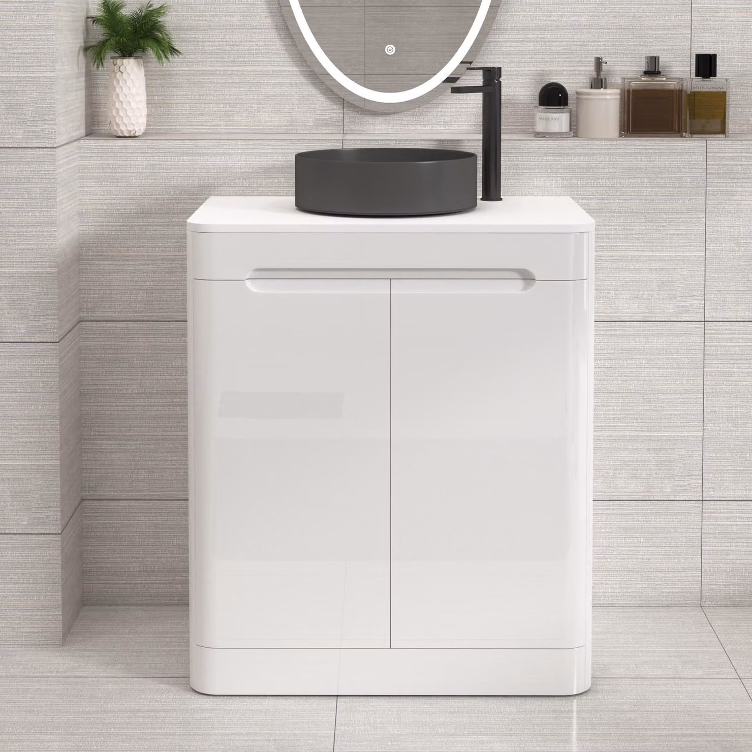 Royal Bathrooms Venice 700mm Gloss White Floor Standing 2 Door Vanity Unit with Plain White Worktop and Art Deco Round Basin