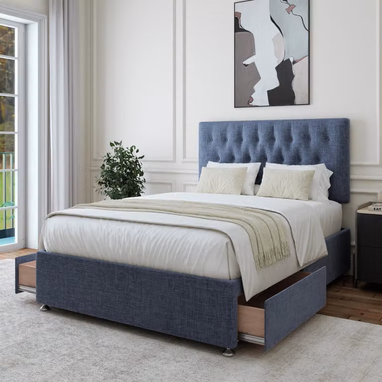 Bedmaster Small Single Linen Divan Base with 2 Drawers and Button Headboard in Black