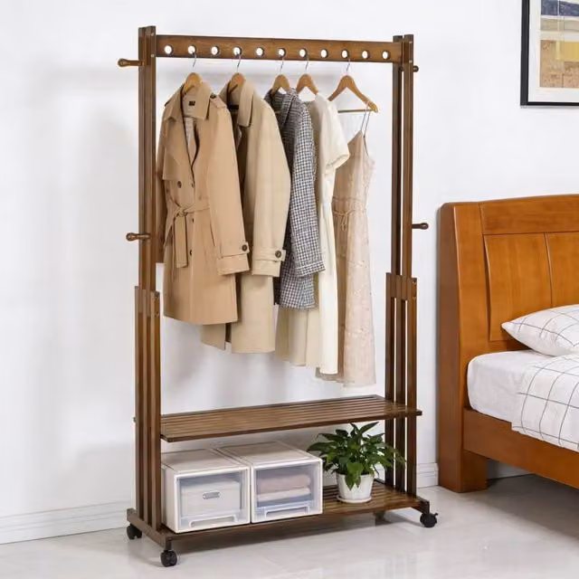 KORVIXA Industrial Clothes Rail with Bamboo Wood Hanging Rod in Brown Matt