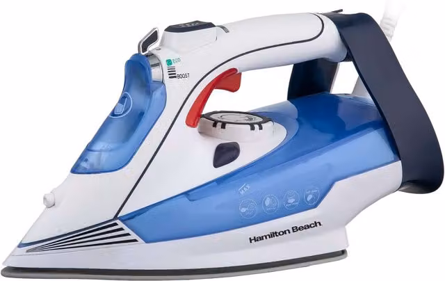 Hamilton Beach Steam Iron in White and Blue with Non-Stick Ceramic Plate and Vertical Steam Function