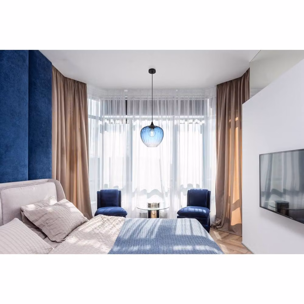 Netlighting Sander Dome Pendant Light with Blue Glass Shade and Black Metal Accents, E27, Height Adjustable – 4