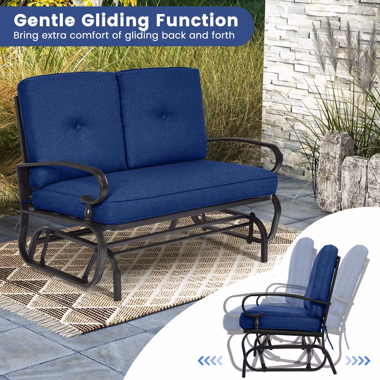 Gymax 2 Seater Outdoor Swing Glider Chair with Cushions in Navy Blue – 2