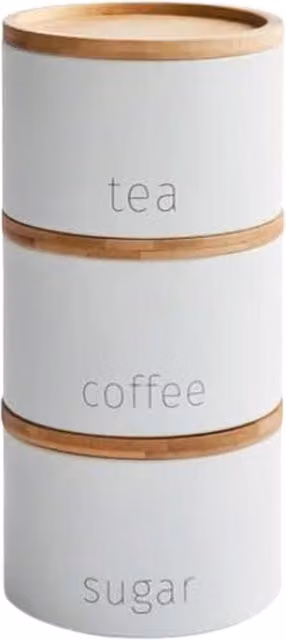 DEENZ Stackable White Tea Coffee Sugar Storage Jars with Bamboo Lids, 3 Pack