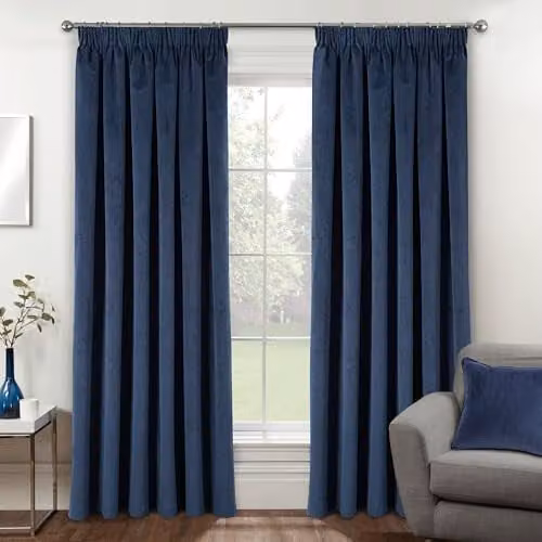 Enhanced Living Blue Velvet Blackout Thermal Curtains with Tape Top, W: 229 cm, H: 183 cm
