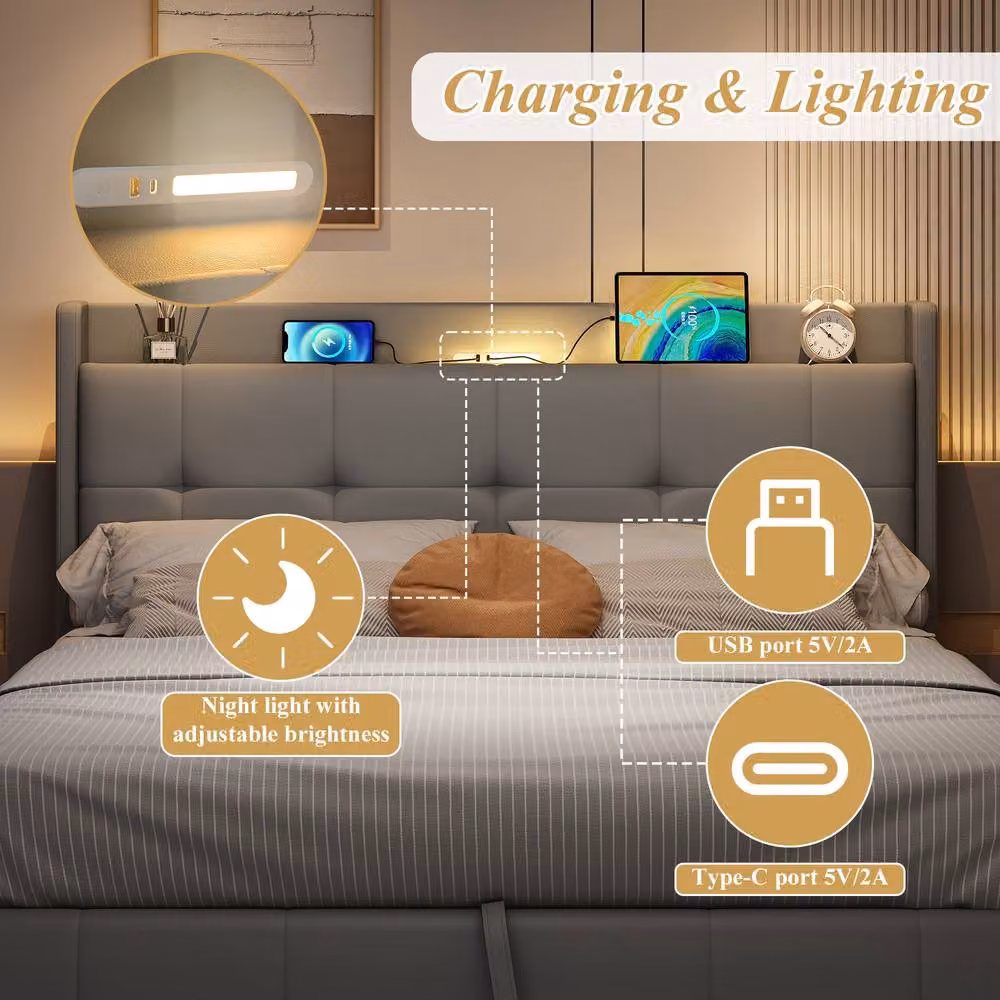 Merax Grey PU Leather Upholstered Ottoman Bed with LED Headboard, Storage, and USB Charging Port, W/D/H: 140 x 200 cm – 3