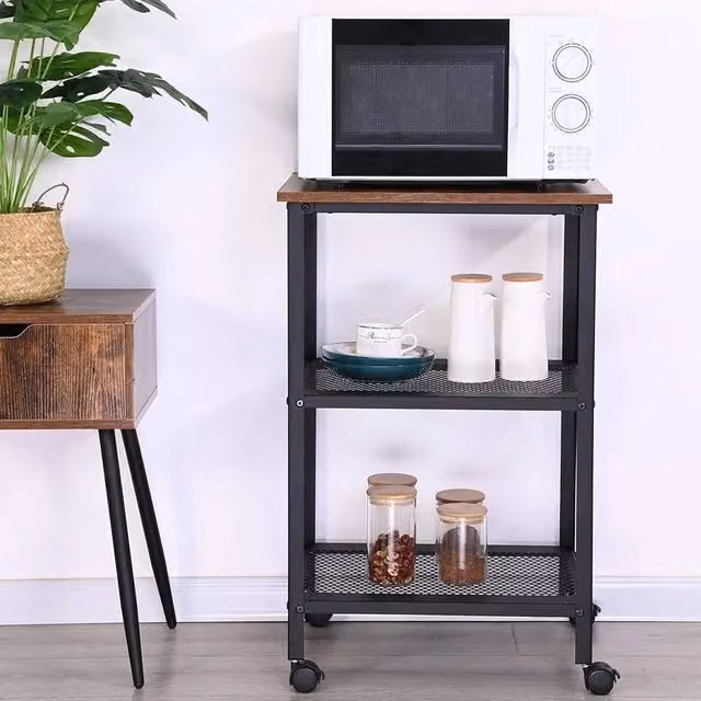 FORGEVIO Rustic 3-Tier Serving Trolley, Brown and Black, W/D/H: 77 x 50 x 40 cm