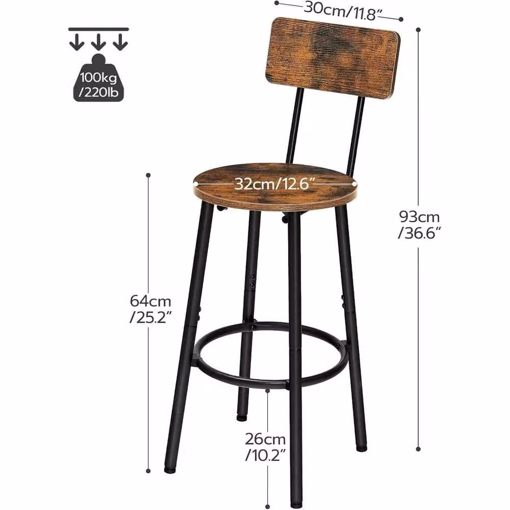FORGEVIO Set of 2 Brown Industrial Breakfast Bar Stools with Metal Frame – 2