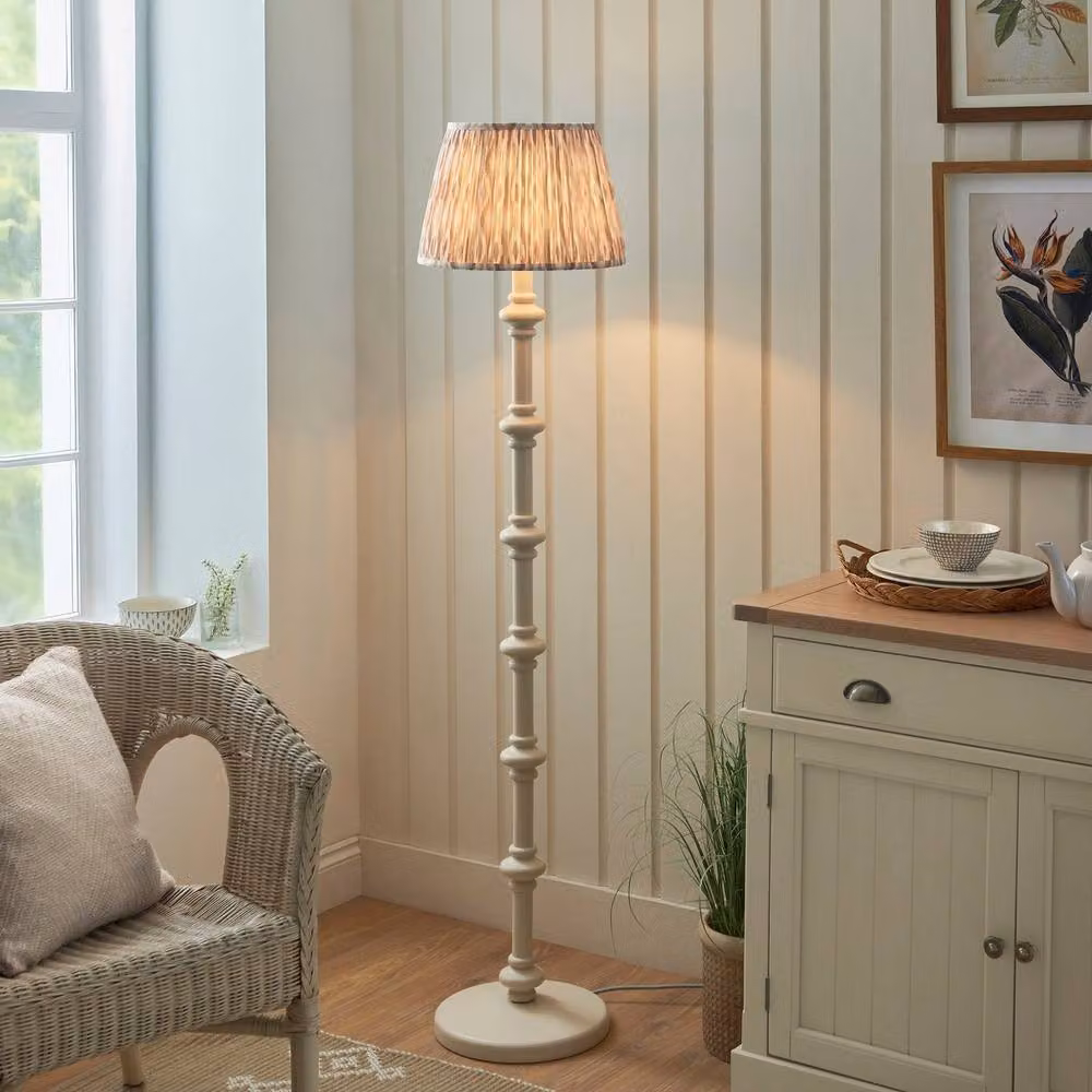 Netlighting Carnaby Almond White Floor Lamp with Fabric Ikat Shade and Brass Details, Shade Diameter: 35 cm – 2