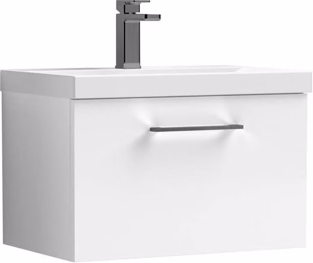 Balterley Gloss White Wall Hung 1 Drawer Vanity Basin Unit with Pewter Handle, Width: 60 cm – 1