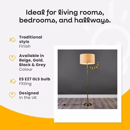 MiniSun Antique Brass Sconce Floor Lamp with Beige Fabric Drum Shade – 2