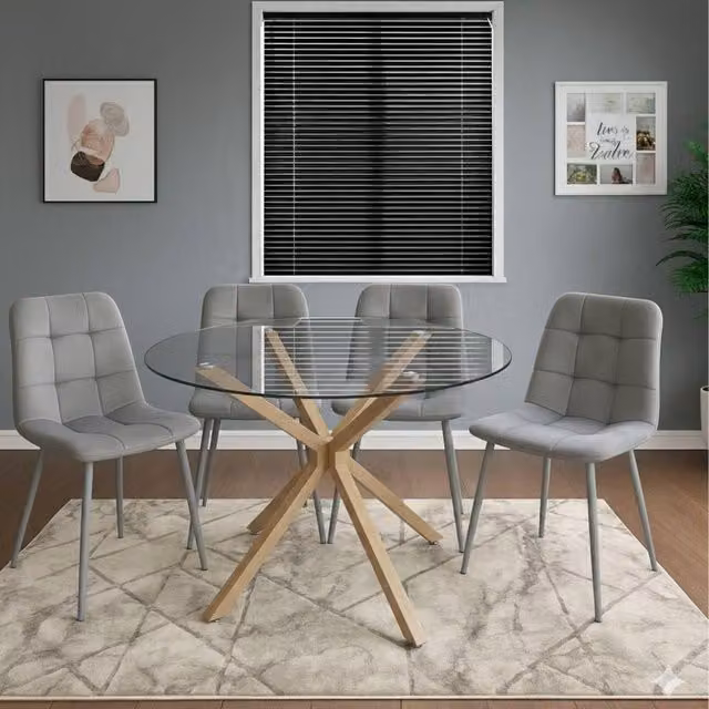 Kosy Koala Round Glass Dining Table Set with 4 Grey Velvet Chairs – 1