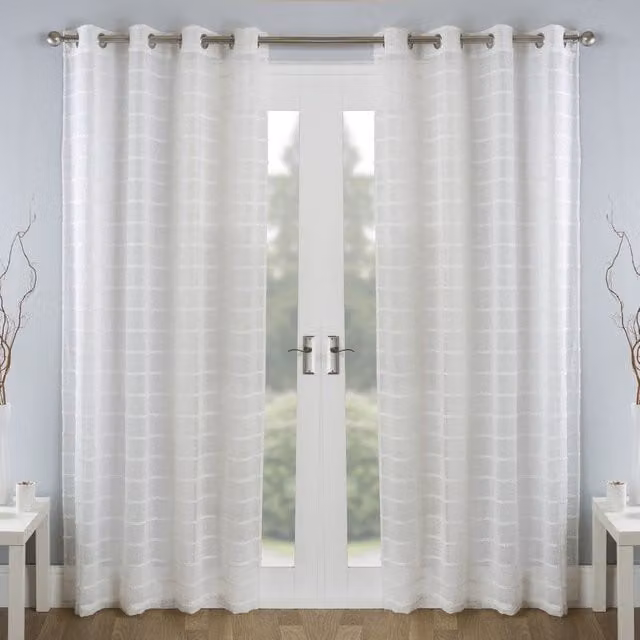Terrys Antigua Eyelet Single Voile Fabric Panel Curtain in Striped Sand, Silver, Beige and White