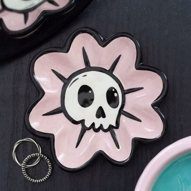 KDMK Pink Organic Floral Ceramic Skull Trinket Dish for Rings and Jewellery
