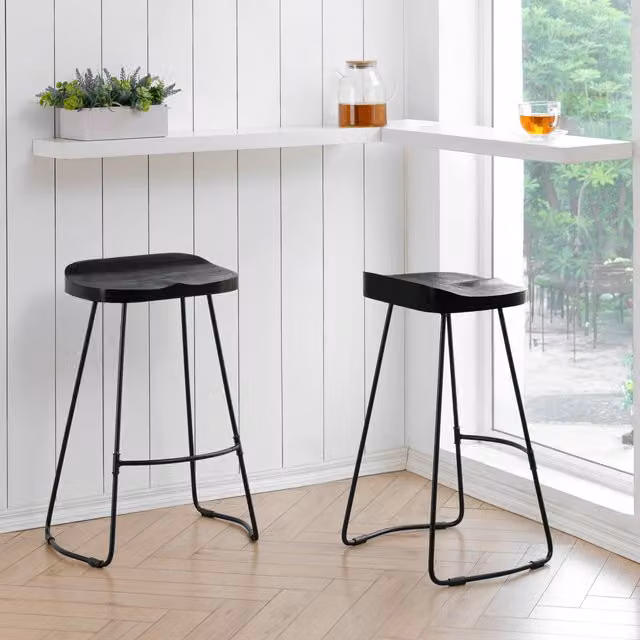 MH London Lara Saddle Solid Mango Wood Bar Stools in Black