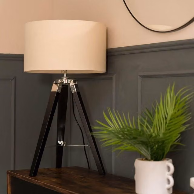ValueLights Clipper Black Wood Tripod Table Lamp with Beige Fabric Cylinder Shade