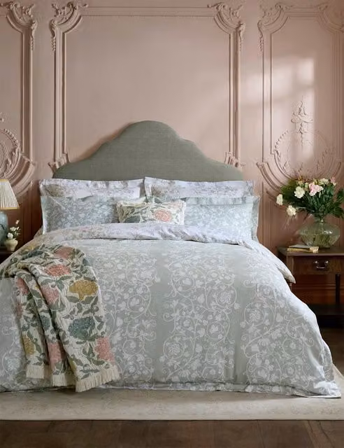 Historic Royal Palaces Tudor Trail Reversible Floral Cotton Pillowcases, 2 Pack, Grey and Green