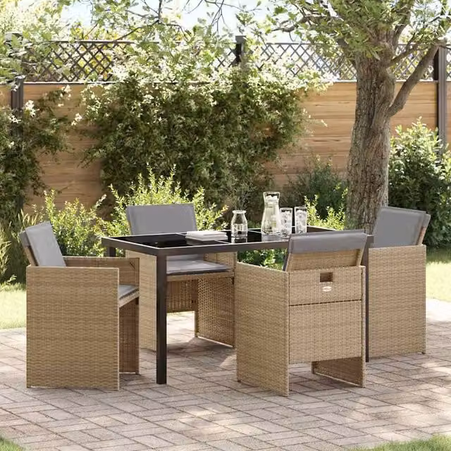 Berkfield Home 5-Piece Beige Poly Rattan Garden Dining Set with Glass Top and Powder Coated Steel Frame
