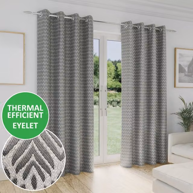 Enhanced Living Grey and Green Graphic Eyelet Room Darkening Curtains, Height: 229 cm