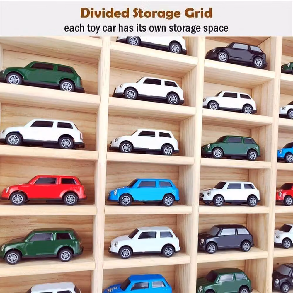 FORGEVIO Wooden Display Case for 1/64 Scale Diecast Model Cars in Natural Brown and Beige, Width: 100 cm – 3