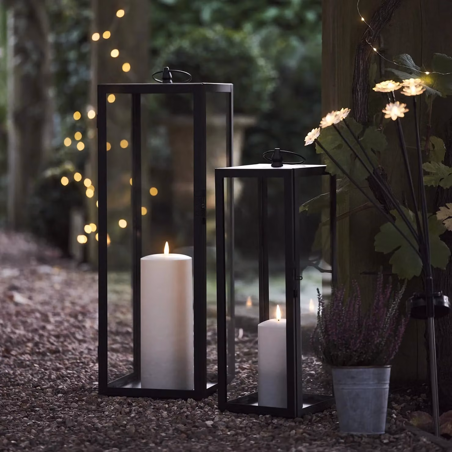 Lights4fun Bowen Black Metal Garden Lantern Duo with Waterproof LED TruGlow Pillar Candles and Remote Control