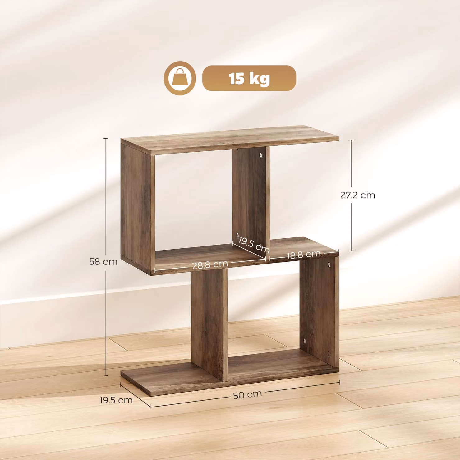 HOMCOM S-Shaped 3-Tier Narrow Side Table with Storage Shelves in Oak, W: 50 cm, D: 19.5 cm, H: 58 cm – 3