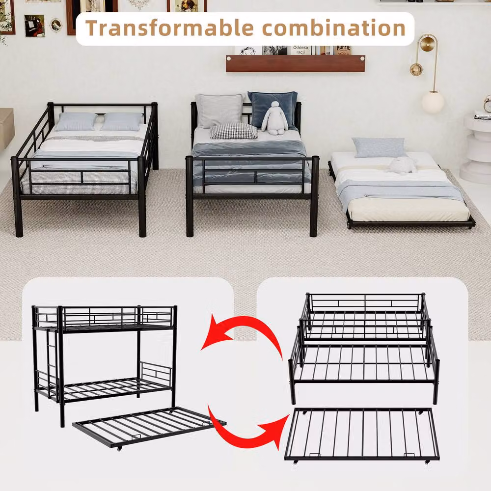 STILVORA Modern Metal 3ft Single Bunk Bed Frame with Pull-Out Bed in Black – 6