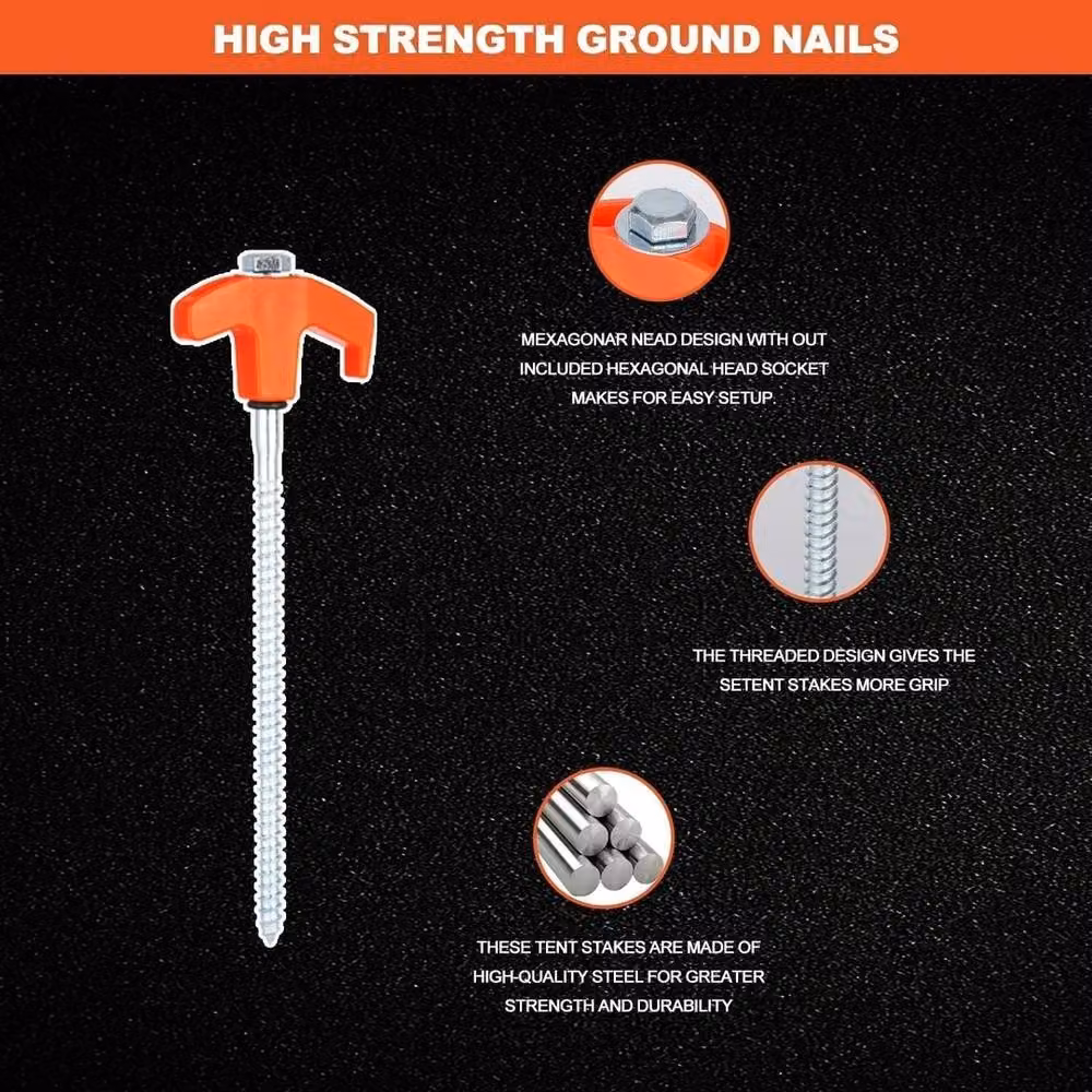 Nordara 12 Pack Heavy Duty Galvanised Steel Screw-in Tent Stakes with Hex Head Driver, Orange, 8 Inch – 2