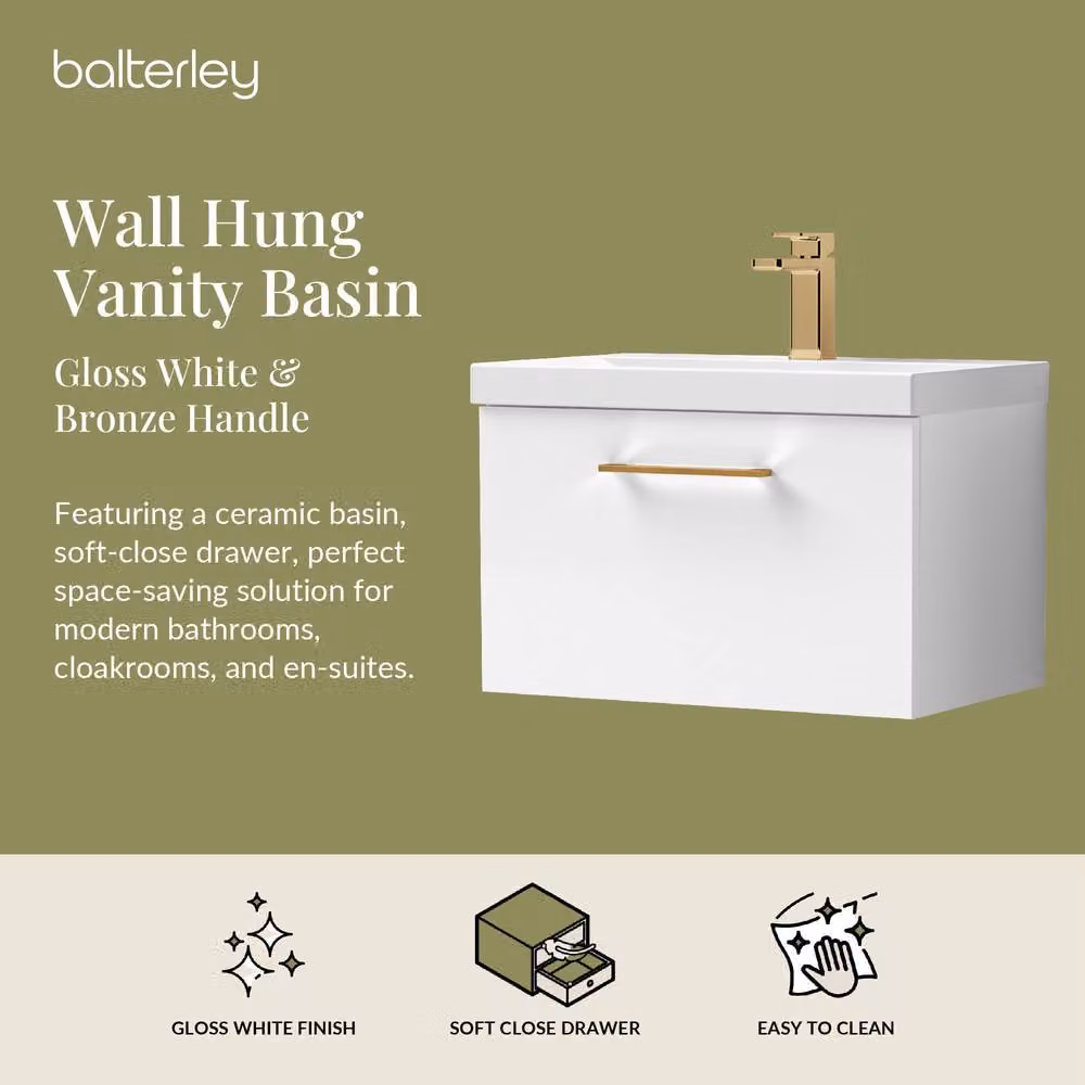 Balterley Gloss White Wall Hung 1 Drawer Vanity Basin Unit with Bronze Handle – 2