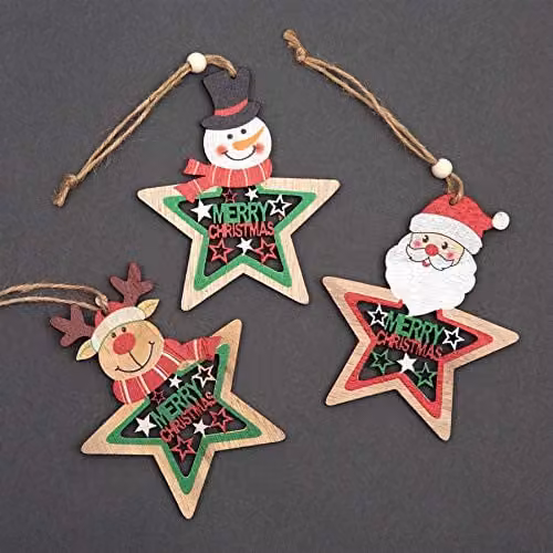 Shatchi Set of 3 Multicolour Wooden Christmas Tree Hanging Ornaments featuring Santa, Reindeer and Snowman Figures