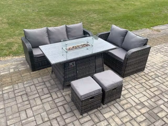 Fimous Dark Grey PE Wicker Rattan Garden Furniture Set with Propane Gas Fire Pit Table, Sofa and 2 Footstools