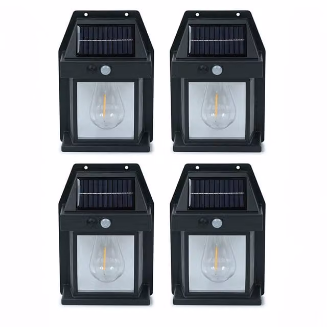 ValueLights Set of 4 Black Solar Outdoor Wall Lanterns with Motion and Dusk Sensors