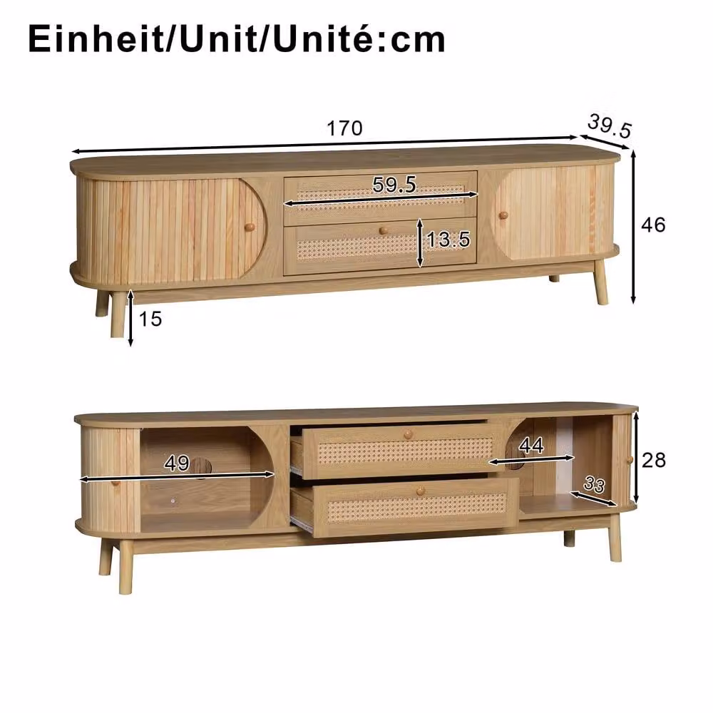 Matteo Rustic Brown and Beige Natural Wood and Rattan TV Cabinet with Sliding Doors and Drawers – 3