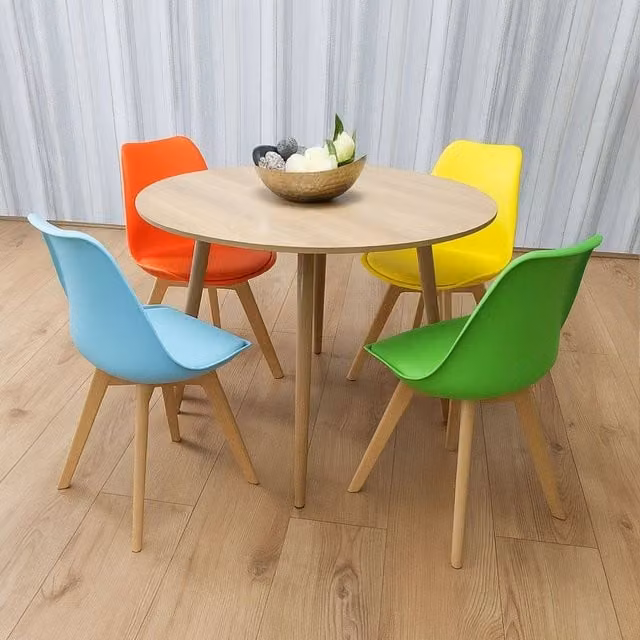 KOSY KOALA Modern Round Dining Table Set with 4 Multicolour Plastic Chairs, Brown