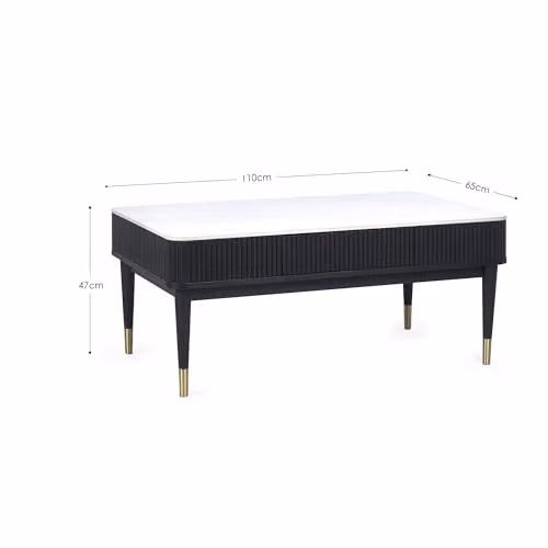 Julian Bowen Louis Fluted 2 Drawer Coffee Table with Marble Top and Ash Wood in Black, White and Gold, W: 110 cm, D: 65 cm, H: 47 cm – 2