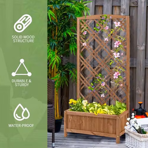 Outsunny Wooden Raised Bed Garden Planter with Trellis, Brown, W: 60 cm, D: 30 cm, H: 122.5 cm – 6